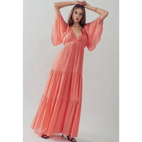 Deep V Neck Tiered Maxi Dress-Coral - Picture 3 of 4